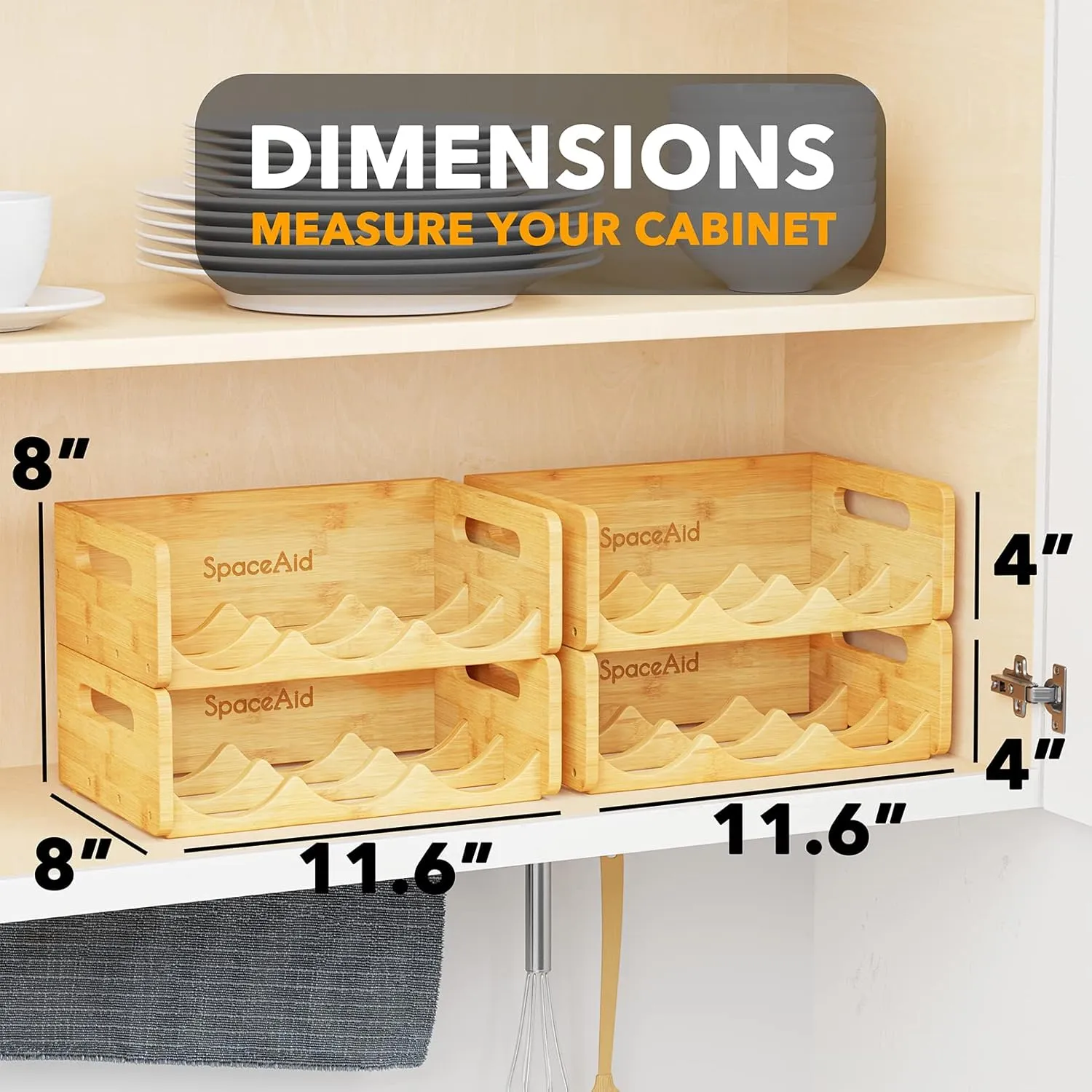 SpaceAid Bamboo Water Bottle Organizer with Labels, Kitchen Pantry Water Bottle Storage Rack for Cabinets, Home Cup and Wine Bottle Holder Shelf Organizers, 4 Pack 3-Slot, Hold 12 Bottles