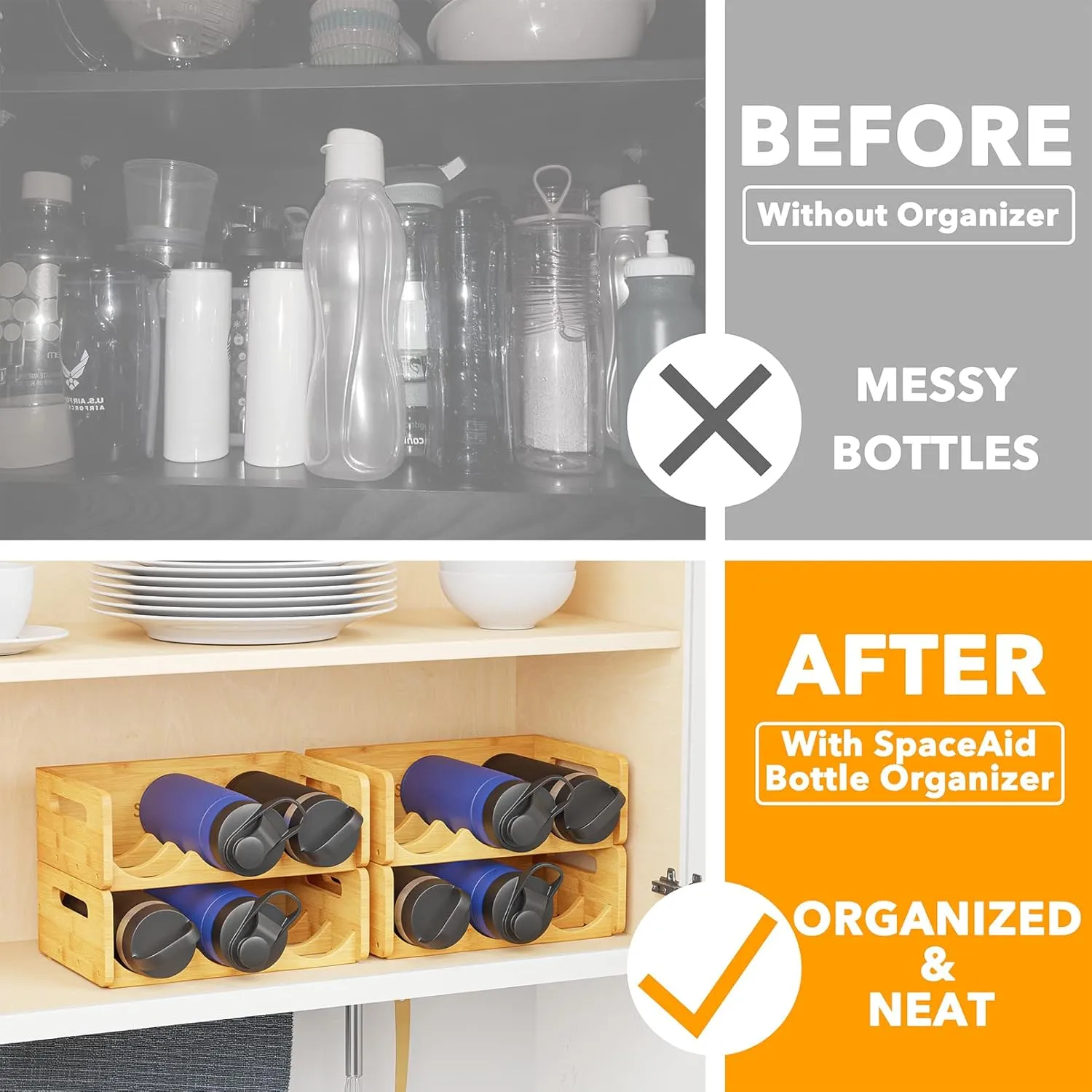 SpaceAid Bamboo Water Bottle Organizer with Labels, Kitchen Pantry Water Bottle Storage Rack for Cabinets, Home Cup and Wine Bottle Holder Shelf Organizers, 4 Pack 3-Slot, Hold 12 Bottles