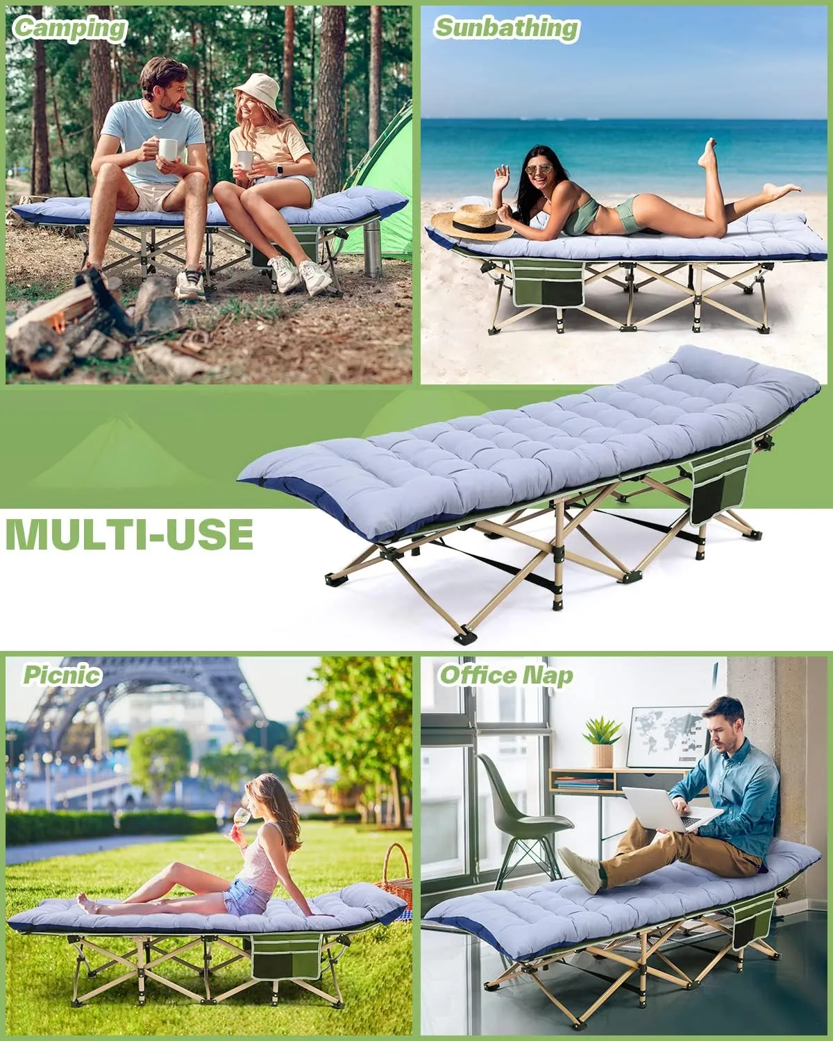 Sportneer Camping Cot: 1200D Double Layer Oxford Camping Cots for Adults - Heavy-Duty Foldable Cots for Camping Travel Tent Day Outdoor & Home Guest, Camping Cots with Mattress Carry Bag & 2 Pockets