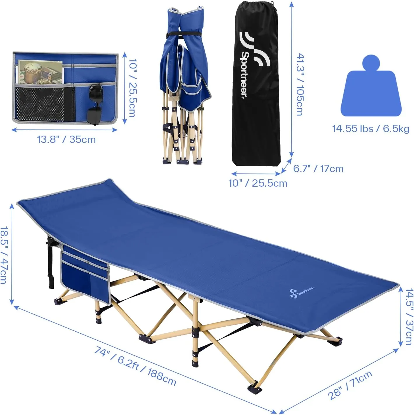 Sportneer Camping Cot: 1200D Double Layer Oxford Foldable Camping Cots for Adults - Heavy Duty Cots for Camping Travel Tent Day Outdoor & Home Guest, Camping Cots with Carry Bag & 2 Side Pockets