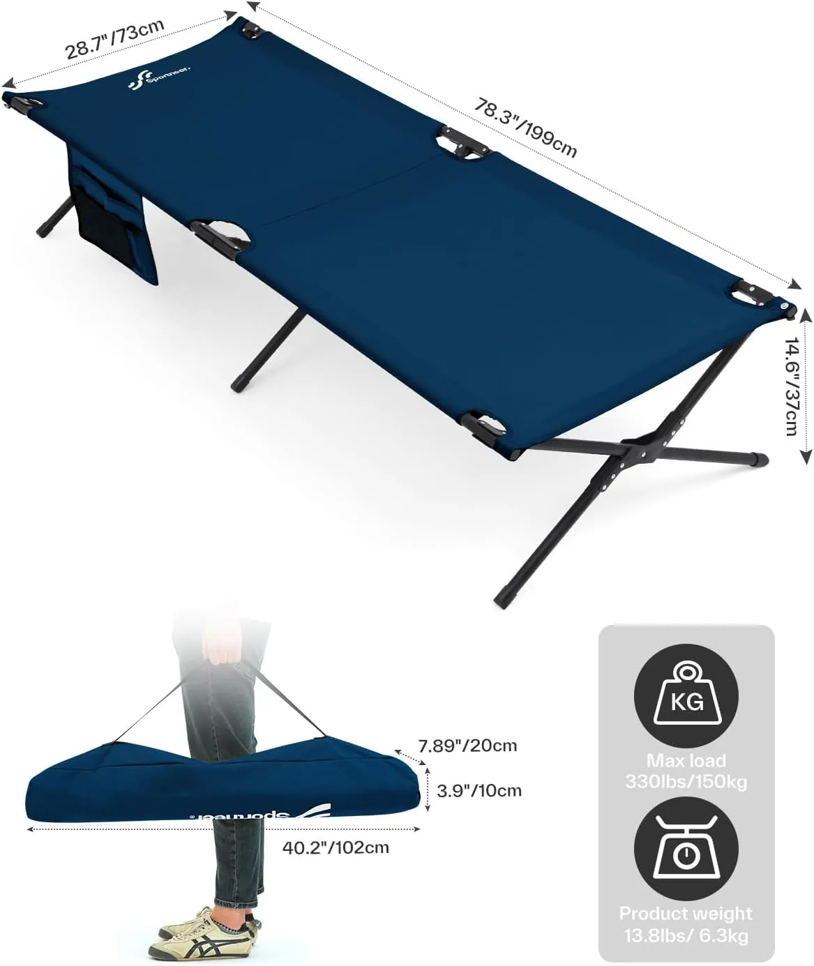 Sportneer Camping Cot, Military Cot Portable Camping Cots for Sleeping 78.3"x28.7"x14.6" Heavy Duty Folding Bed for Adults Teen Outdoor Travel Camping Tent Lounge Office Support 330 Lbs