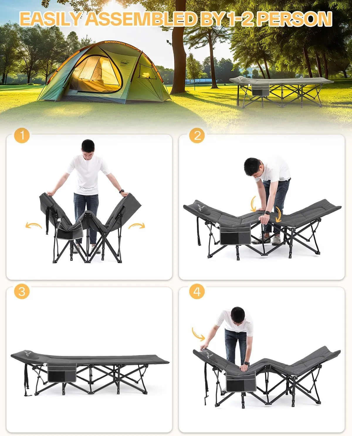 Sportneer Camping Cots for Adults, Sleeping Cot with Cushion Max Load 450 LBS Heavy Duty Folding Camping Sleeping Cot with Padded for Camping Tent Office Sleep Over (Grey, 73" Lx27 Wx14.5 H)
