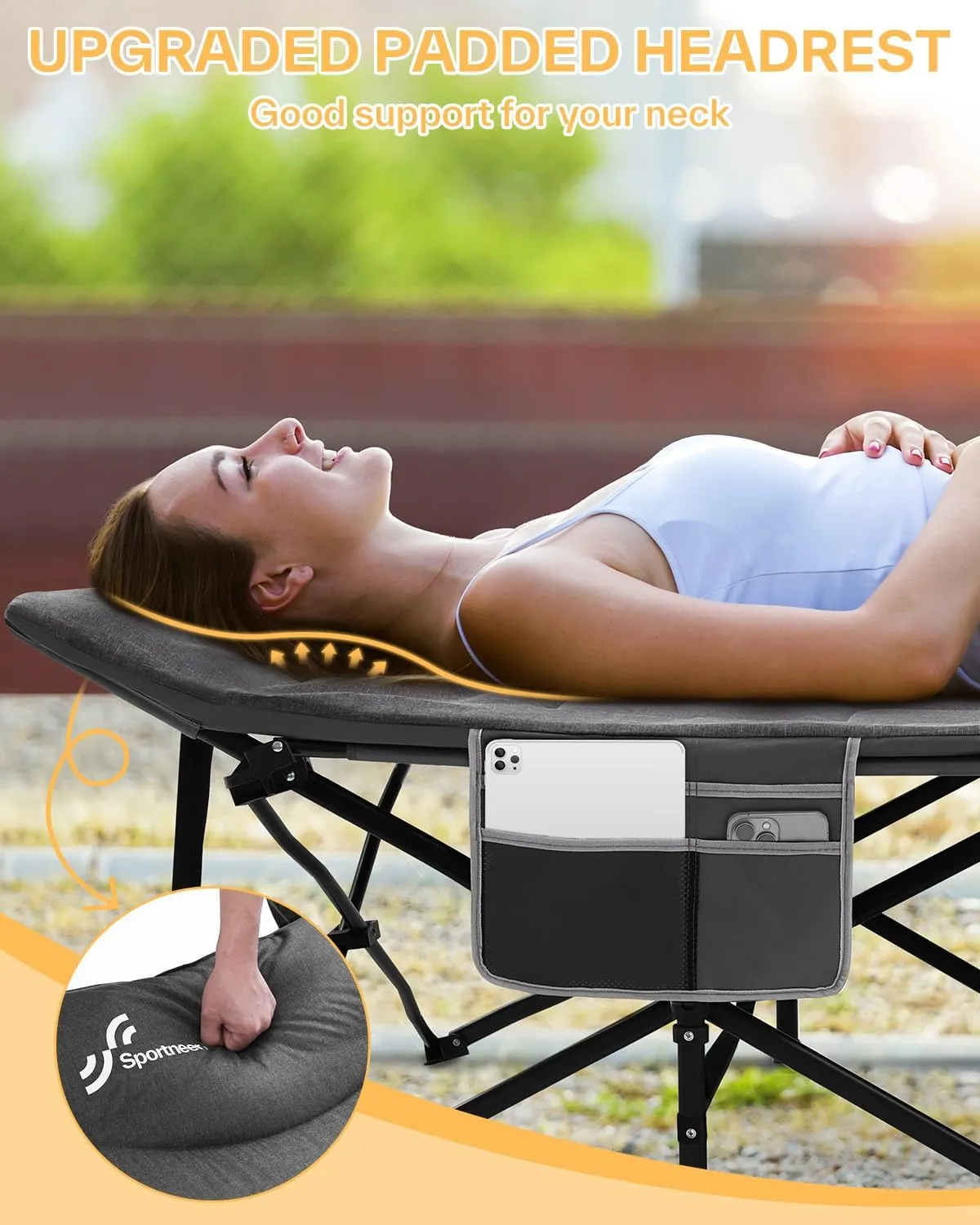 Sportneer Camping Cots for Adults, Sleeping Cot with Cushion Max Load 450 LBS Heavy Duty Folding Camping Sleeping Cot with Padded for Camping Tent Office Sleep Over (Grey, 73" Lx27 Wx14.5 H)