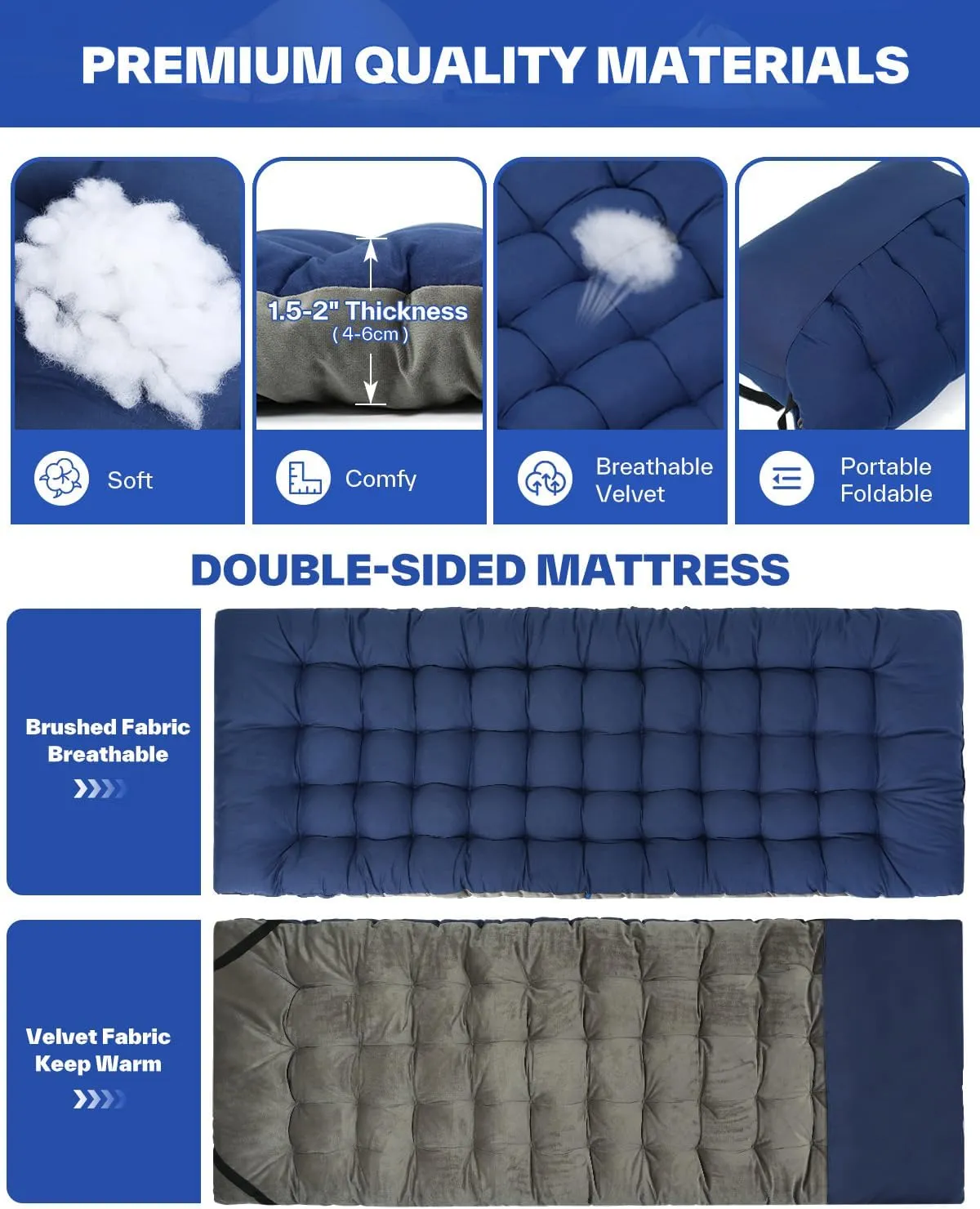 Sportneer Cot Mattress: 2" Thick Soft Comfortable Camping Cot Mattress Pad for Sleeping - 75''x28''Cot Mattress Topper with Fix Straps for Single Bed/Camp Cot/Rv Bunk