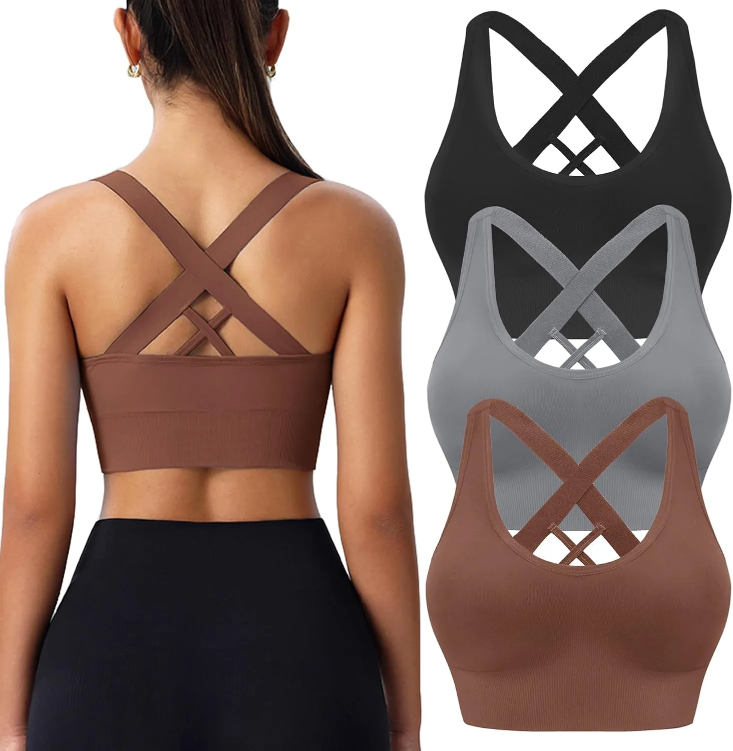Sports Bras for Women High Impact Cross Back Strappy Bras Cropped Padded Seamless Workout Yoga Bras Set