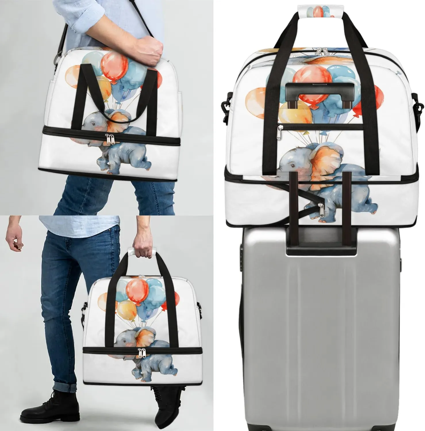 Sports Duffel Bag, Foldable Cartoon Cute Elephant Travel Duffel Bag, Gym Yoga Beach Bag Weekender Overnight Bag with Shoes Compartment for Men Women, Funny Elephant