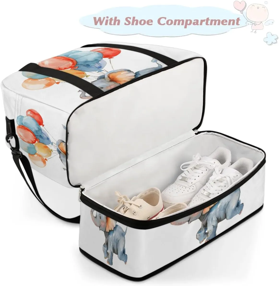 Sports Duffel Bag, Foldable Cartoon Cute Elephant Travel Duffel Bag, Gym Yoga Beach Bag Weekender Overnight Bag with Shoes Compartment for Men Women, Funny Elephant