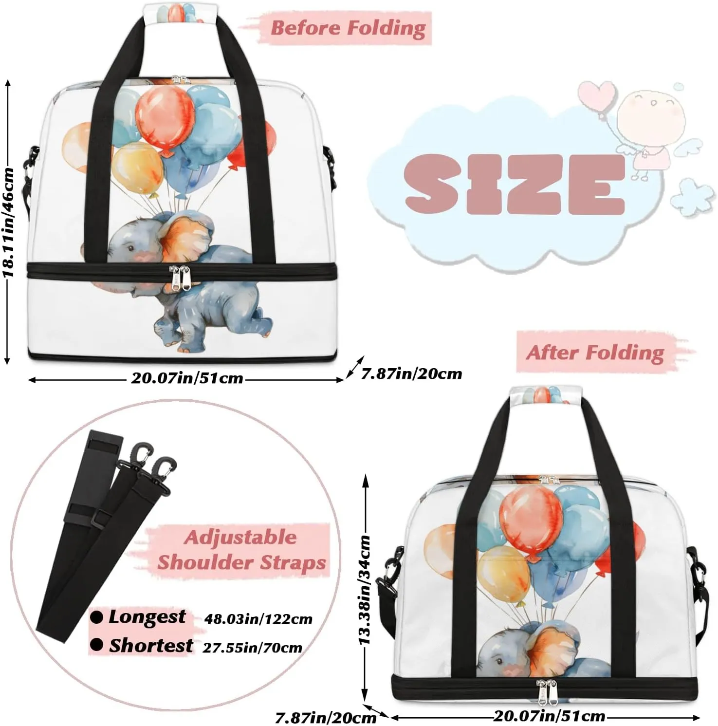 Sports Duffel Bag, Foldable Cartoon Cute Elephant Travel Duffel Bag, Gym Yoga Beach Bag Weekender Overnight Bag with Shoes Compartment for Men Women, Funny Elephant