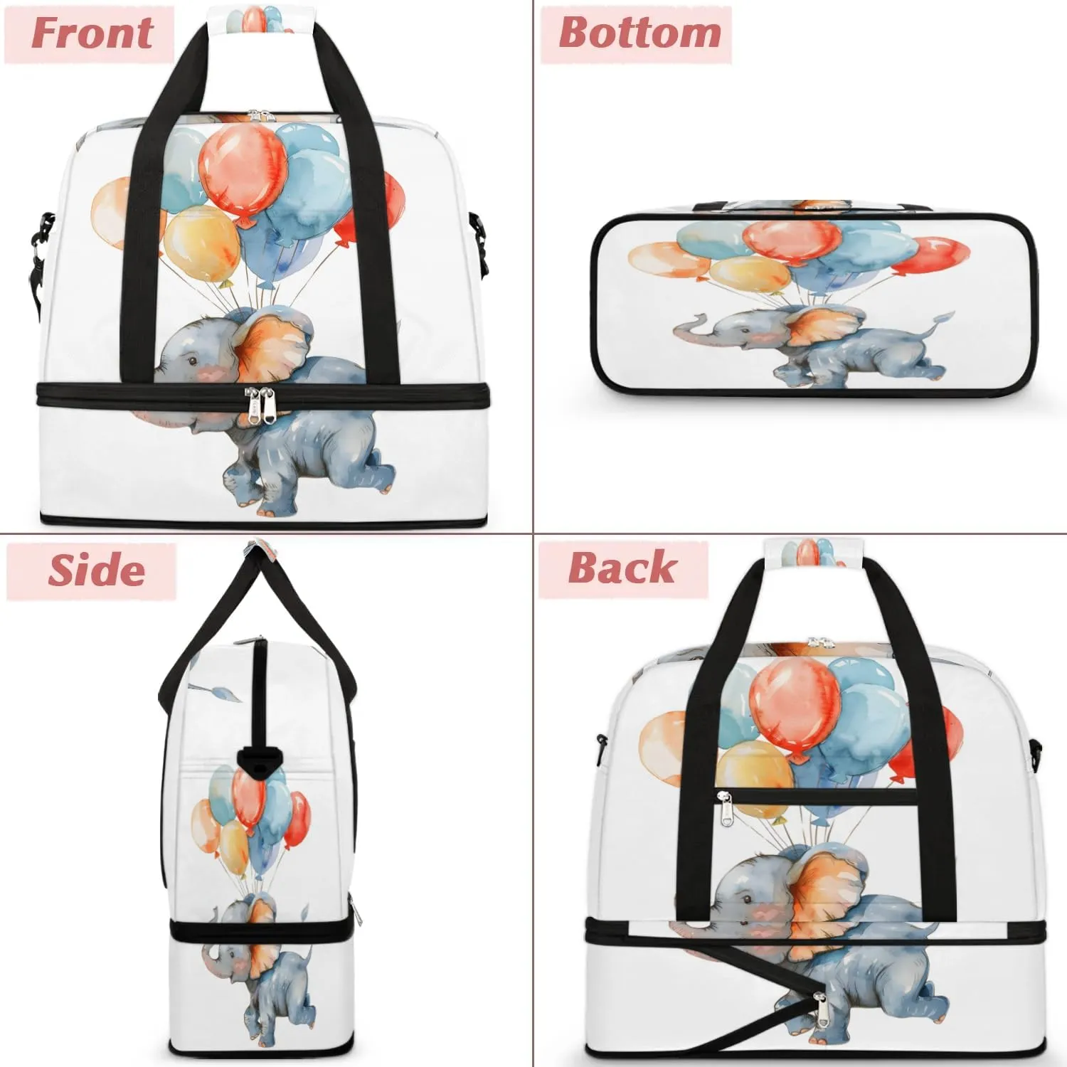 Sports Duffel Bag, Foldable Cartoon Cute Elephant Travel Duffel Bag, Gym Yoga Beach Bag Weekender Overnight Bag with Shoes Compartment for Men Women, Funny Elephant