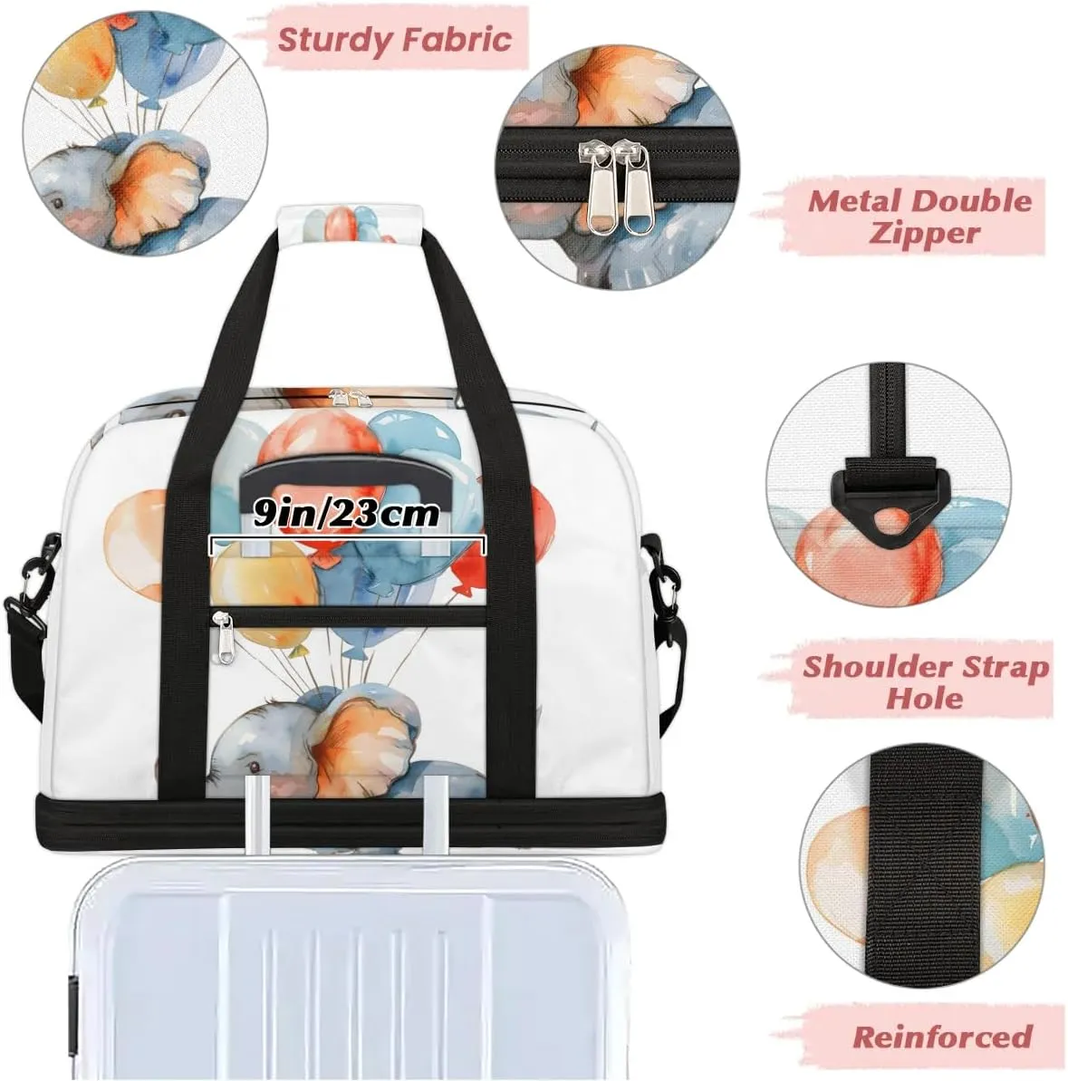 Sports Duffel Bag, Foldable Cartoon Cute Elephant Travel Duffel Bag, Gym Yoga Beach Bag Weekender Overnight Bag with Shoes Compartment for Men Women, Funny Elephant