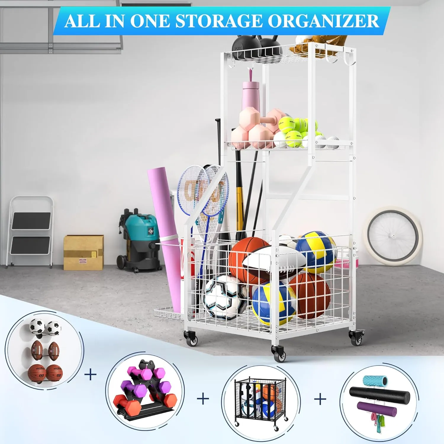 Sports Equipment Garage Organizer,Garage Ball Storage Rack with Wheels-Upgraded 3 Layers Sport Toy Organizer Rack Outdoor Basketball Racks for Balls with Holder and Hooks