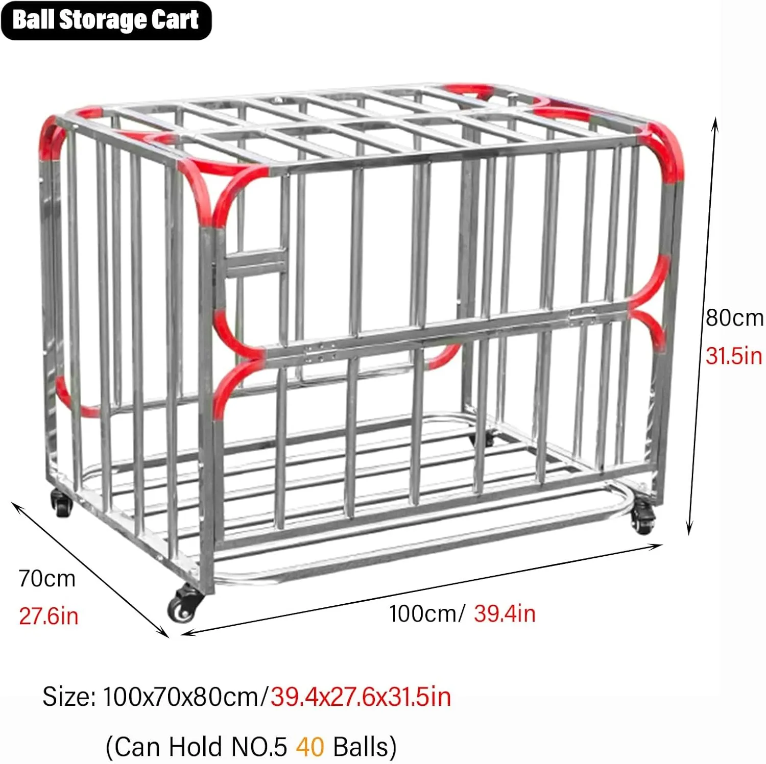 Sports Equipment Organizer Large Ball Cage on Wheels, Rolling Basketball Storage Cart/Metal Sports Ball Bin for School Garage Outdoor, 39 Inches Balls Jars Rack with Hinge & Lock