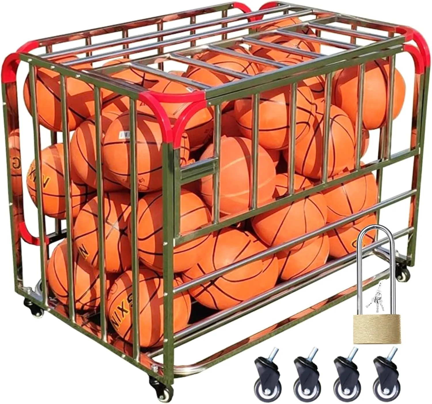Sports Equipment Organizer Large Ball Cage on Wheels, Rolling Basketball Storage Cart/Metal Sports Ball Bin for School Garage Outdoor, 39 Inches Balls Jars Rack with Hinge & Lock