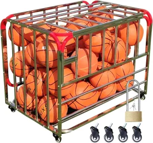 Sports Equipment Organizer Large Ball Cage on Wheels, Rolling Basketball Storage Cart/Metal Sports Ball Bin for School Garage Outdoor, 39 Inches Balls Jars Rack with Hinge & Lock