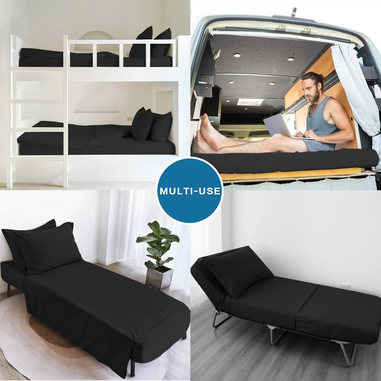 SPRINGSPIRIT Cot Sheets 30" x 75" x 9", 4 Piece Cot Sheet Set, Cot Size Fitted Sheets with Narrow Twin/Camp Bunk/Rvs Bunk/Guest Beds/Trifold Mattress, Black