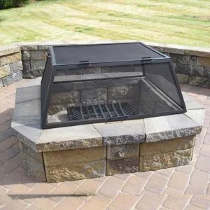 Square Fire Pit Screen with Hinged Door - Carbon Steel