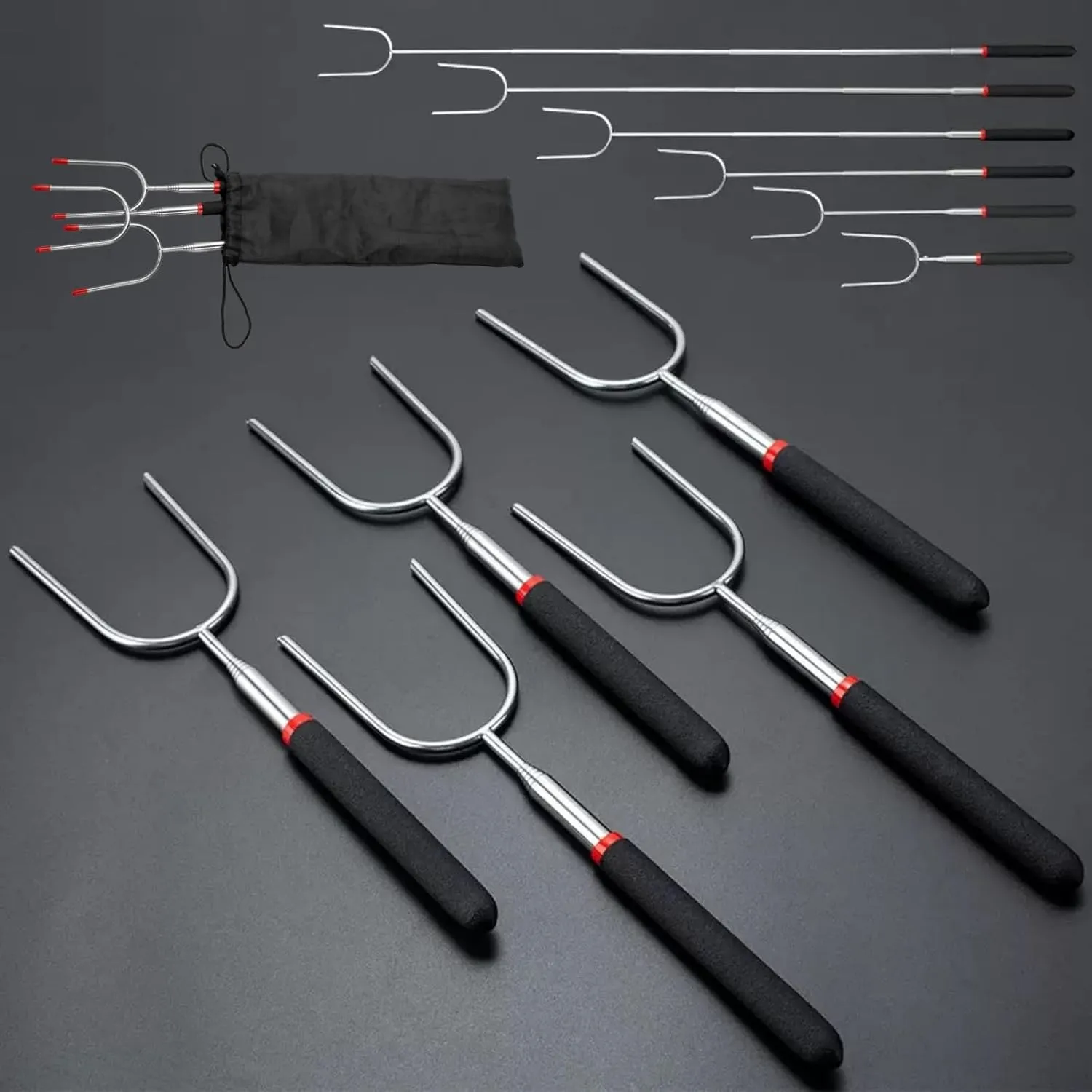 Stainless Steel Telescopic Roasting Sticks, Campfire & BBQ camping essentials-11'' to 32'' marshmallow roasting sticks -Resistant Silicone Grip, for Family camping Gatherings & Outdoor Cooking
