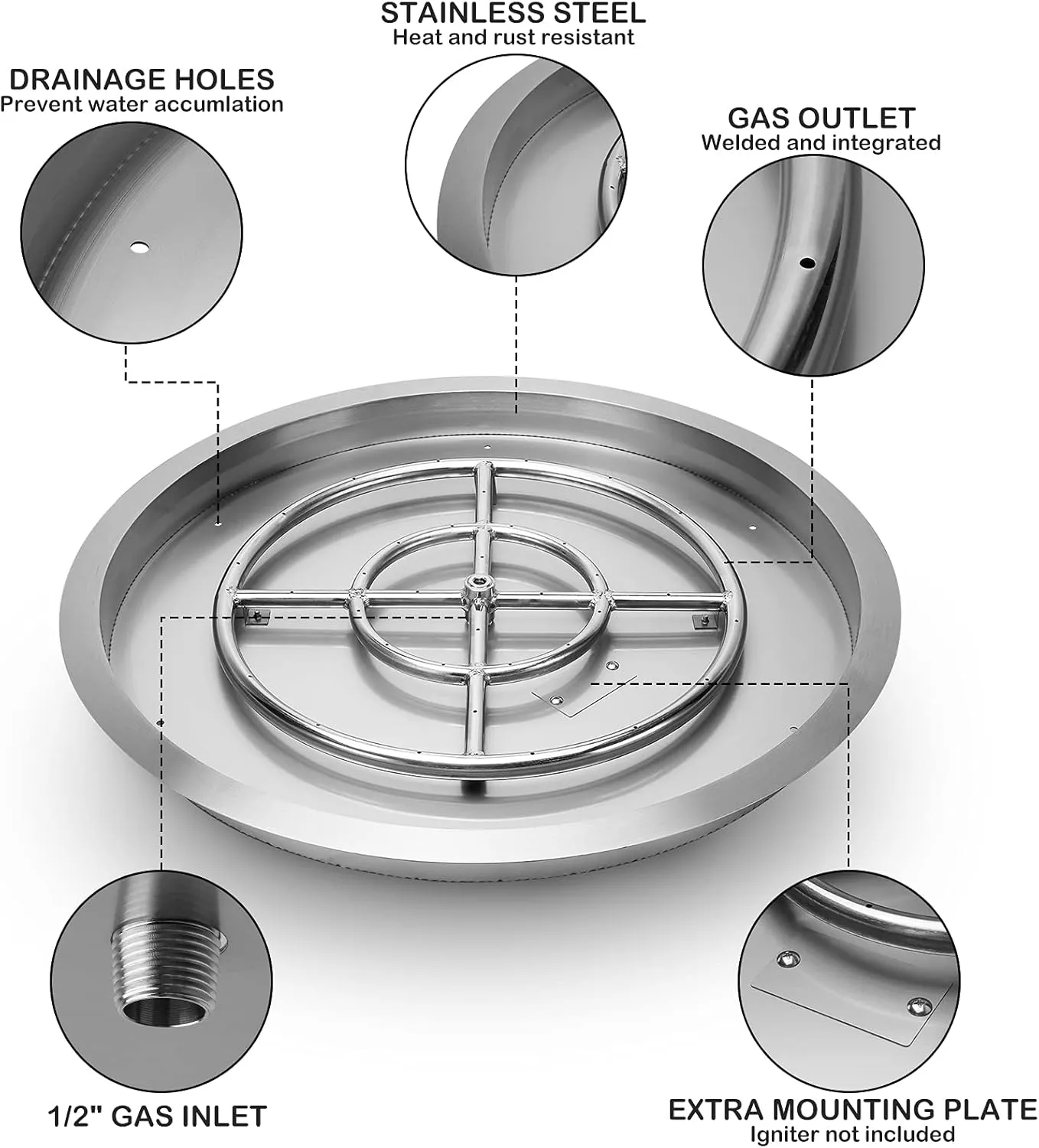 Stanbroil 25 Inch Drop-in Round Fire Pit Pan with Spark Ignition Propane Gas Version