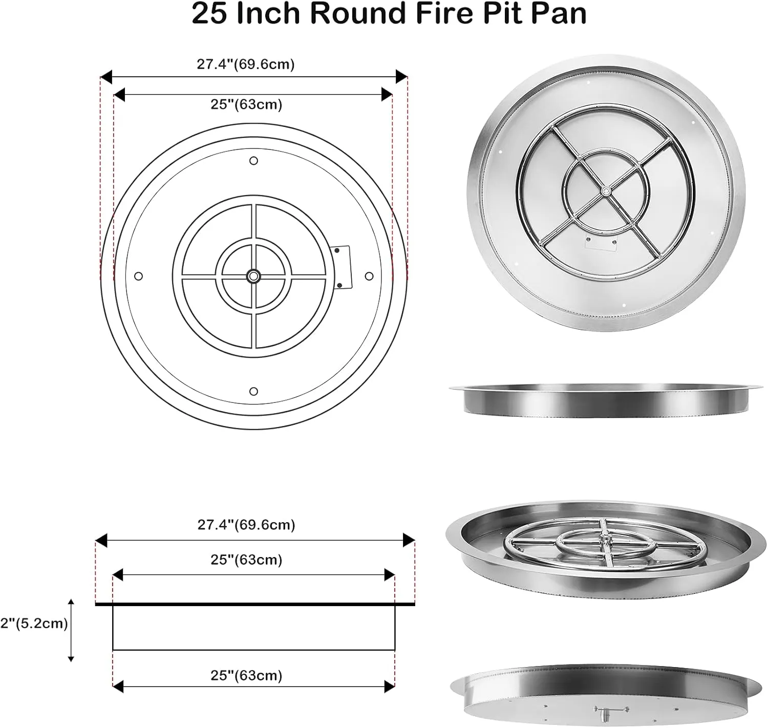 Stanbroil 25 Inch Drop-in Round Fire Pit Pan with Spark Ignition Propane Gas Version
