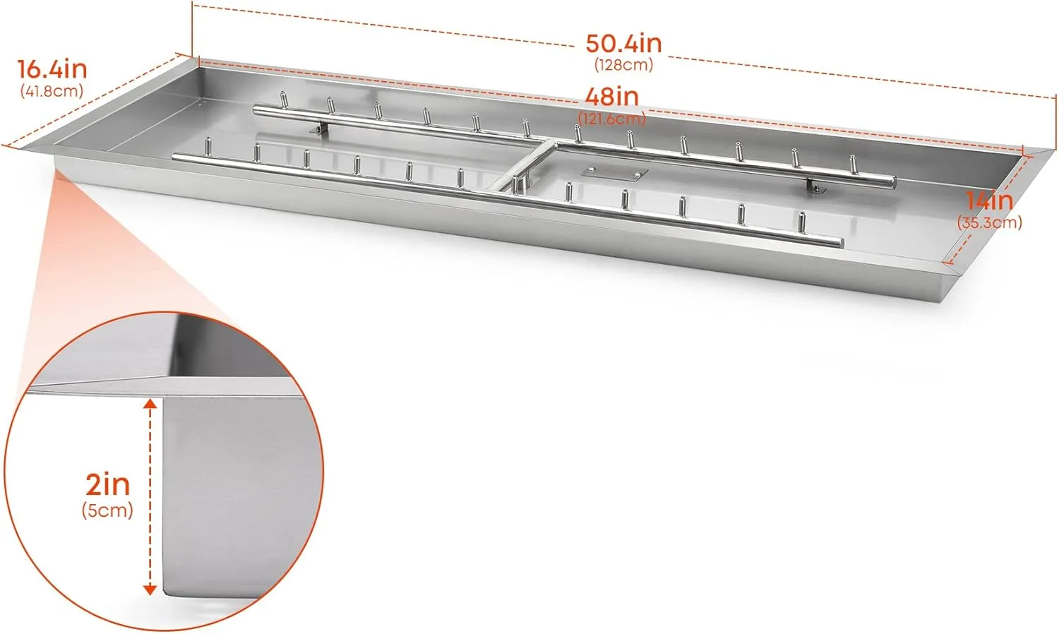Stanbroil Drop-in Fire Pit Jet Burner, Upgrade 48" x 14" Stainless Steel Fire Pit Pan for Natural Gas & Propane Fire Table, High Flame, 185k BTU Max