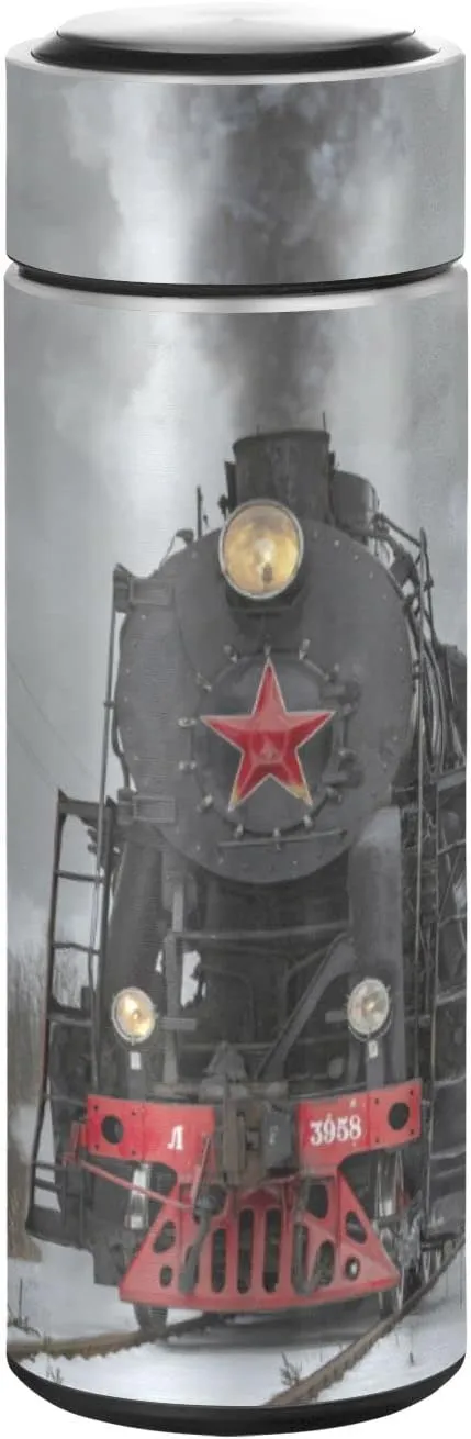 Steam Train in winter with White Snow, on the Track Route with Smoke Tumbler with Lid, BPA-Free Vacuum Insulated Thermal Coffee Mug,Stainless Steel Double Wall Travel Cup Water Bottle 11.8 oz