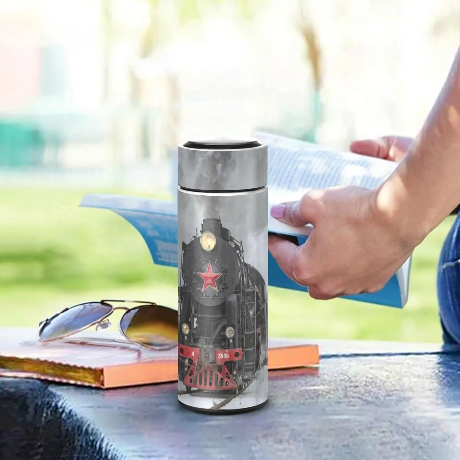 Steam Train in winter with White Snow, on the Track Route with Smoke Tumbler with Lid, BPA-Free Vacuum Insulated Thermal Coffee Mug,Stainless Steel Double Wall Travel Cup Water Bottle 11.8 oz