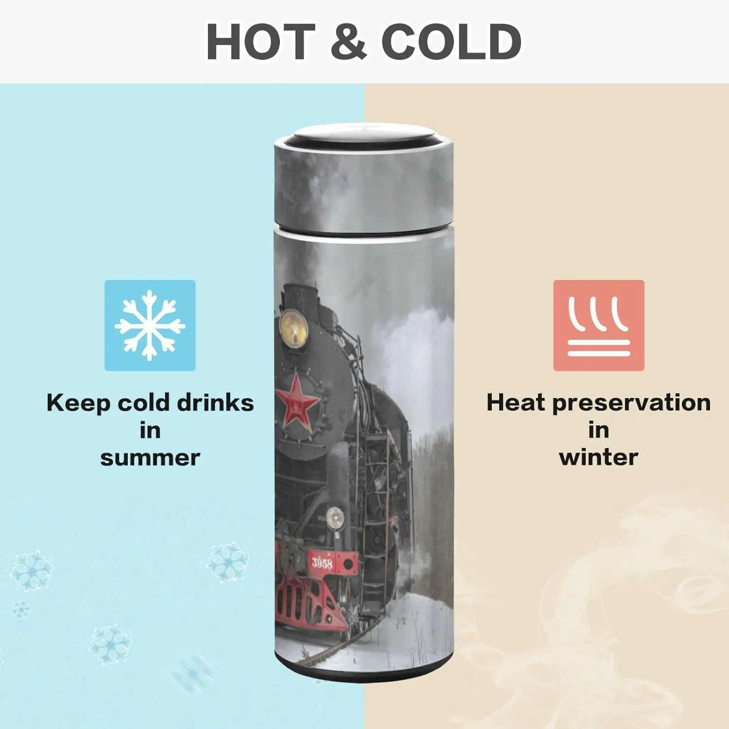 Steam Train in winter with White Snow, on the Track Route with Smoke Tumbler with Lid, BPA-Free Vacuum Insulated Thermal Coffee Mug,Stainless Steel Double Wall Travel Cup Water Bottle 11.8 oz