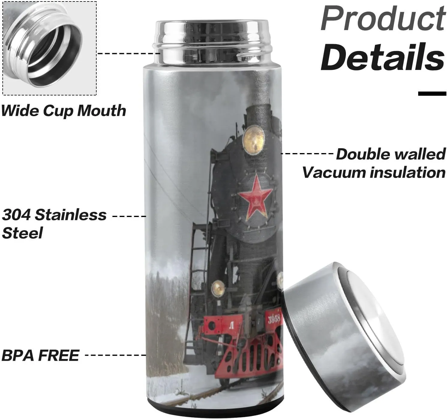 Steam Train in winter with White Snow, on the Track Route with Smoke Tumbler with Lid, BPA-Free Vacuum Insulated Thermal Coffee Mug,Stainless Steel Double Wall Travel Cup Water Bottle 11.8 oz