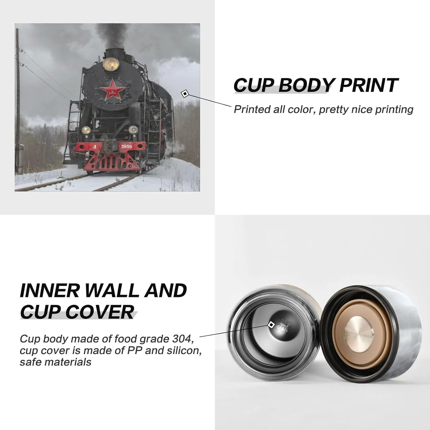 Steam Train in winter with White Snow, on the Track Route with Smoke Tumbler with Lid, BPA-Free Vacuum Insulated Thermal Coffee Mug,Stainless Steel Double Wall Travel Cup Water Bottle 11.8 oz