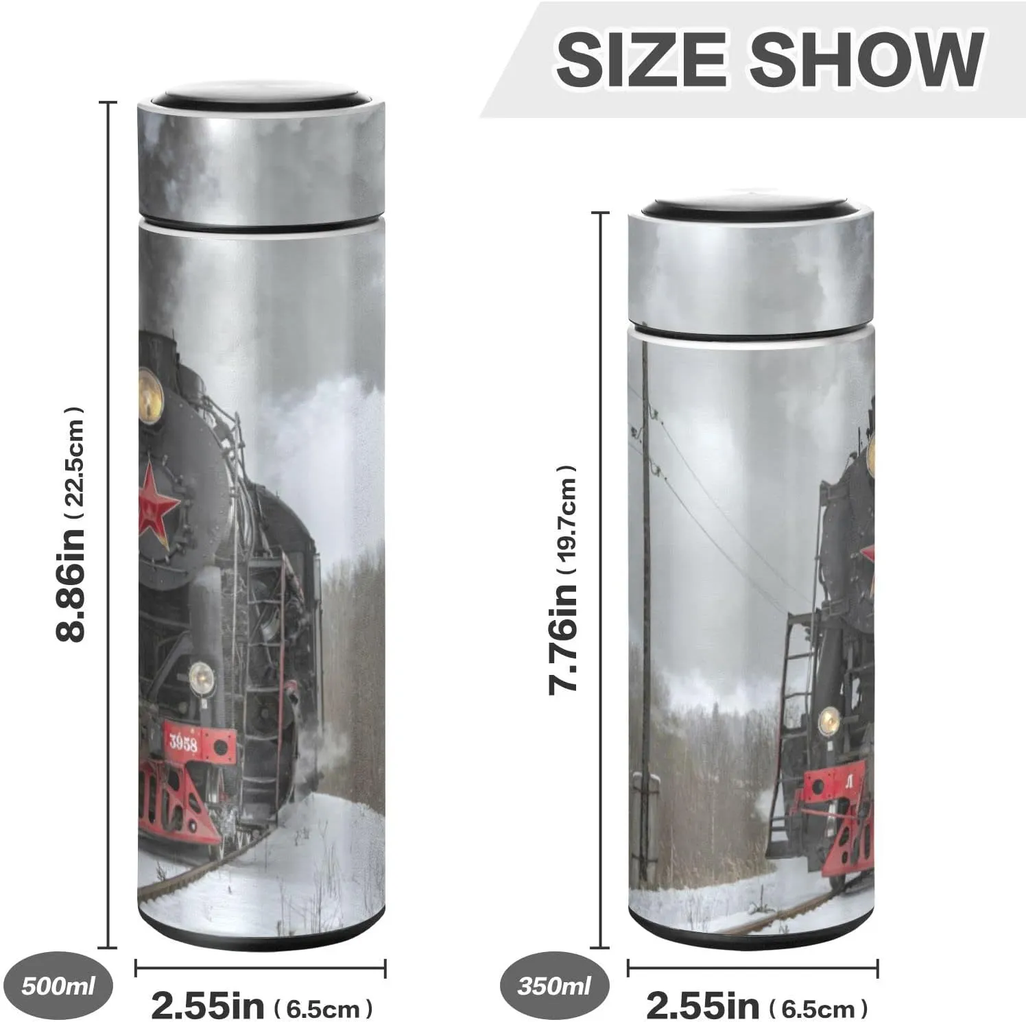 Steam Train in winter with White Snow, on the Track Route with Smoke Tumbler with Lid, BPA-Free Vacuum Insulated Thermal Coffee Mug,Stainless Steel Double Wall Travel Cup Water Bottle 11.8 oz