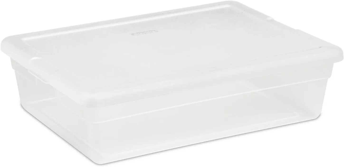 Sterilite 28 Qt Underbed Storage Box, Stackable Bin with Lid, Plastic Container to Organize, Bedroom, Clear Base and White Lid, 1-Pack