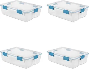 Sterilite 37 Qt Gasket Box, Stackable Storage Bin with Latching Lid and Tight Seal, Plastic Container to Organize Underbed, Clear Base and Lid, 4-Pack
