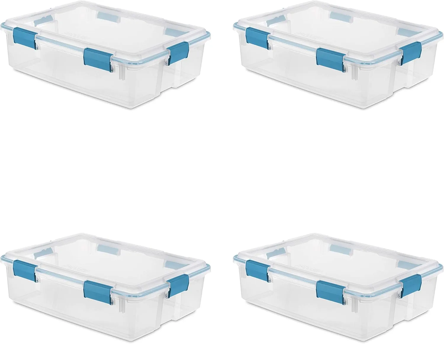 Sterilite 37 Qt Gasket Box, Stackable Storage Bin with Latching Lid and Tight Seal, Plastic Container to Organize Underbed, Clear Base and Lid, 4-Pack