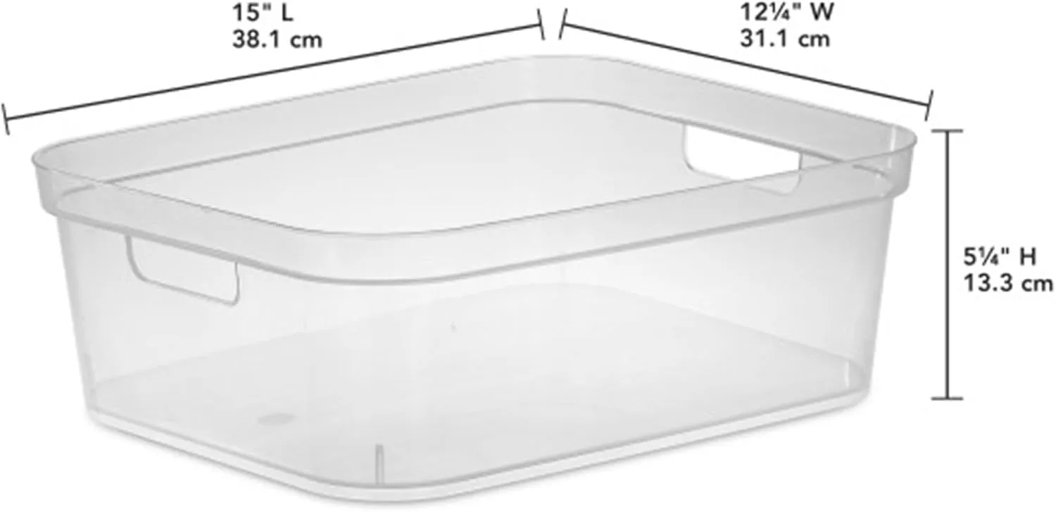 Sterilite 5.25 x 12.25 x 15 Inch Medium Modern Storage Bin w/Comfortable Carry Through Handles & Banded Rim for Household Organization, Clear 8 Pack