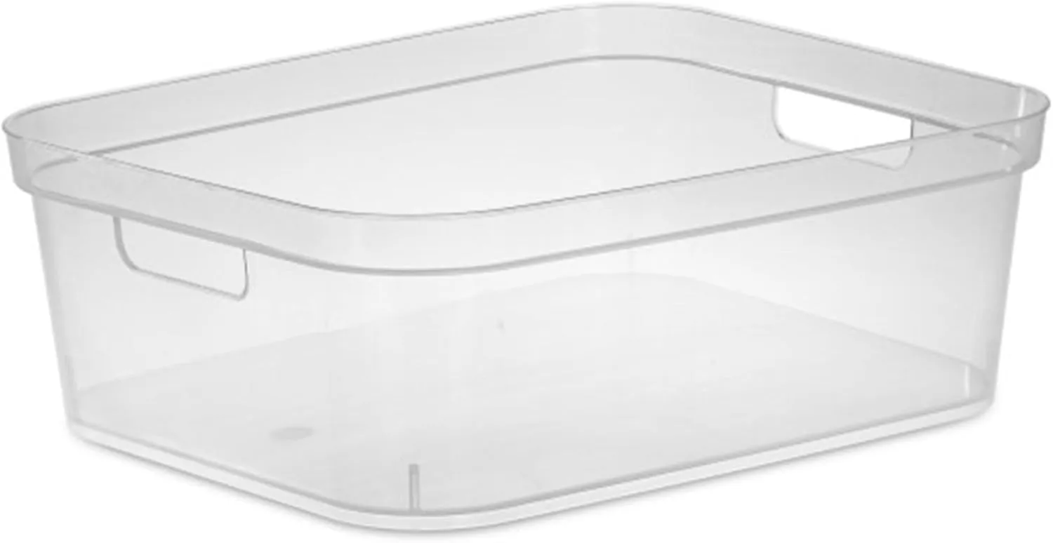 Sterilite 5.25 x 12.25 x 15 Inch Medium Modern Storage Bin w/Comfortable Carry Through Handles & Banded Rim for Household Organization, Clear 8 Pack