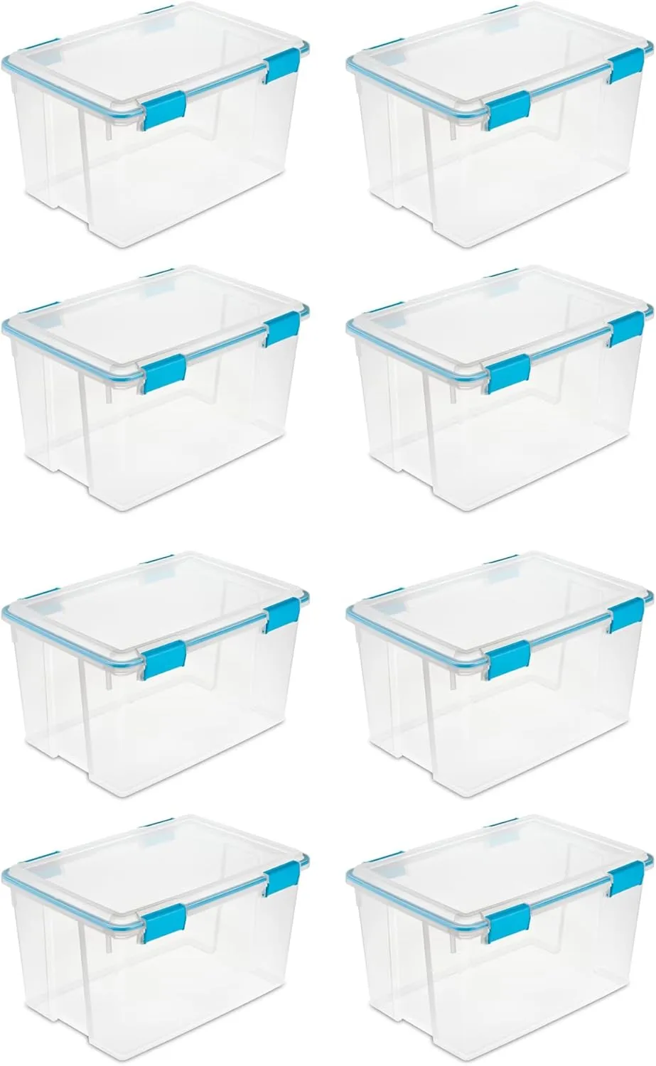 Sterilite 54 Qt Gasket Box, Stackable Storage Bin with Latching Lid and Tight Seal, Plastic Container to Organize Basement, Clear Base and Lid, 8-Pack
