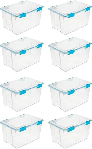 Sterilite 54 Qt Gasket Box, Stackable Storage Bin with Latching Lid and Tight Seal, Plastic Container to Organize Basement, Clear Base and Lid, 8-Pack