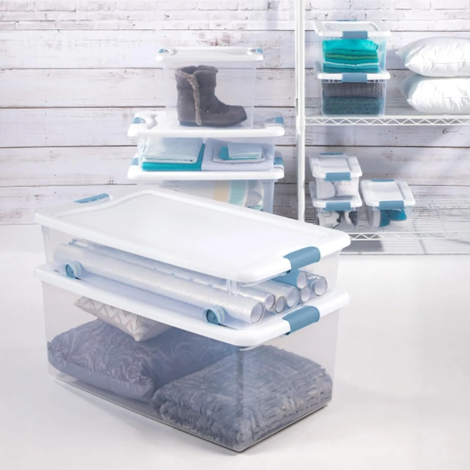 Sterilite 6-Pack Stackable Storage Bin with Lid, Clear Plastic Design, 25 Quart