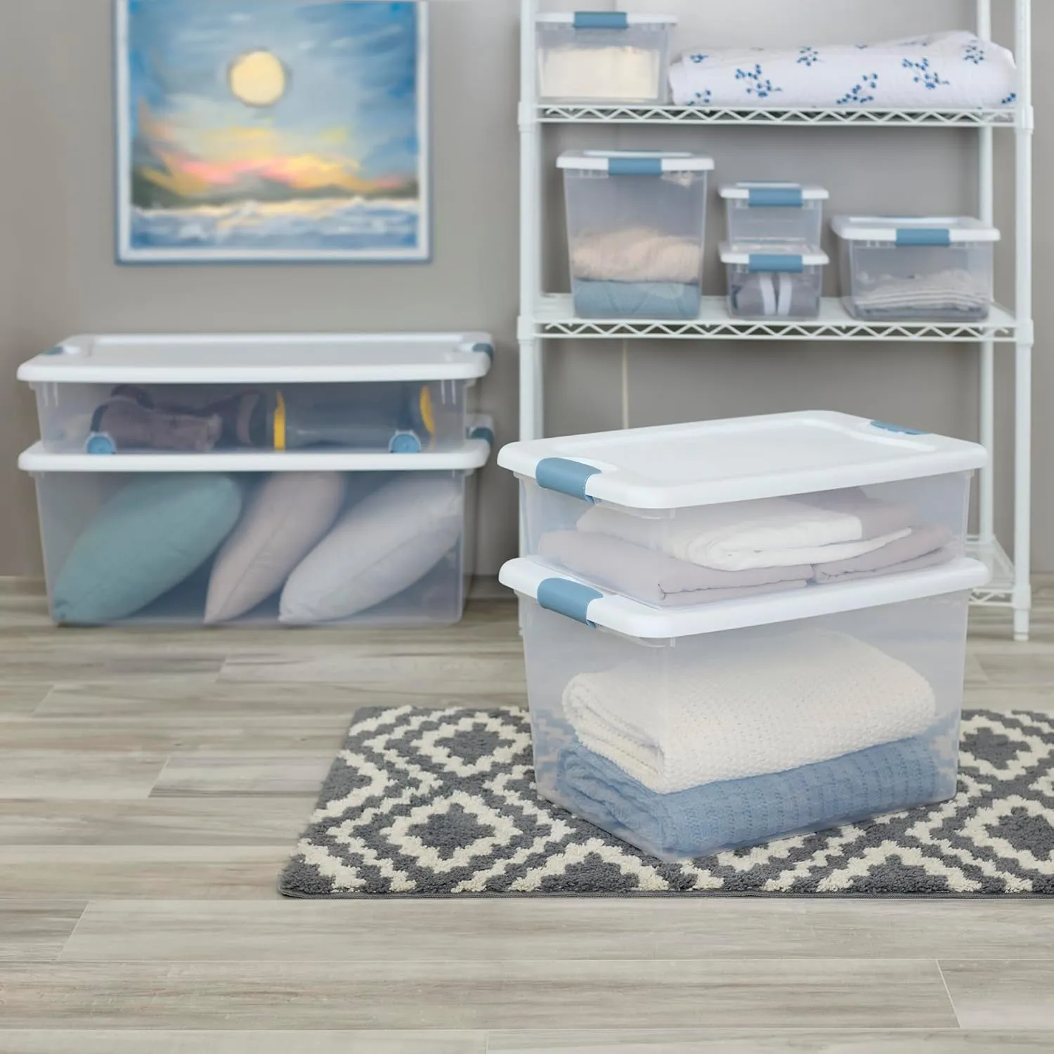 Sterilite 6-Pack Stackable Storage Bin with Lid, Clear Plastic Design, 32 Quart
