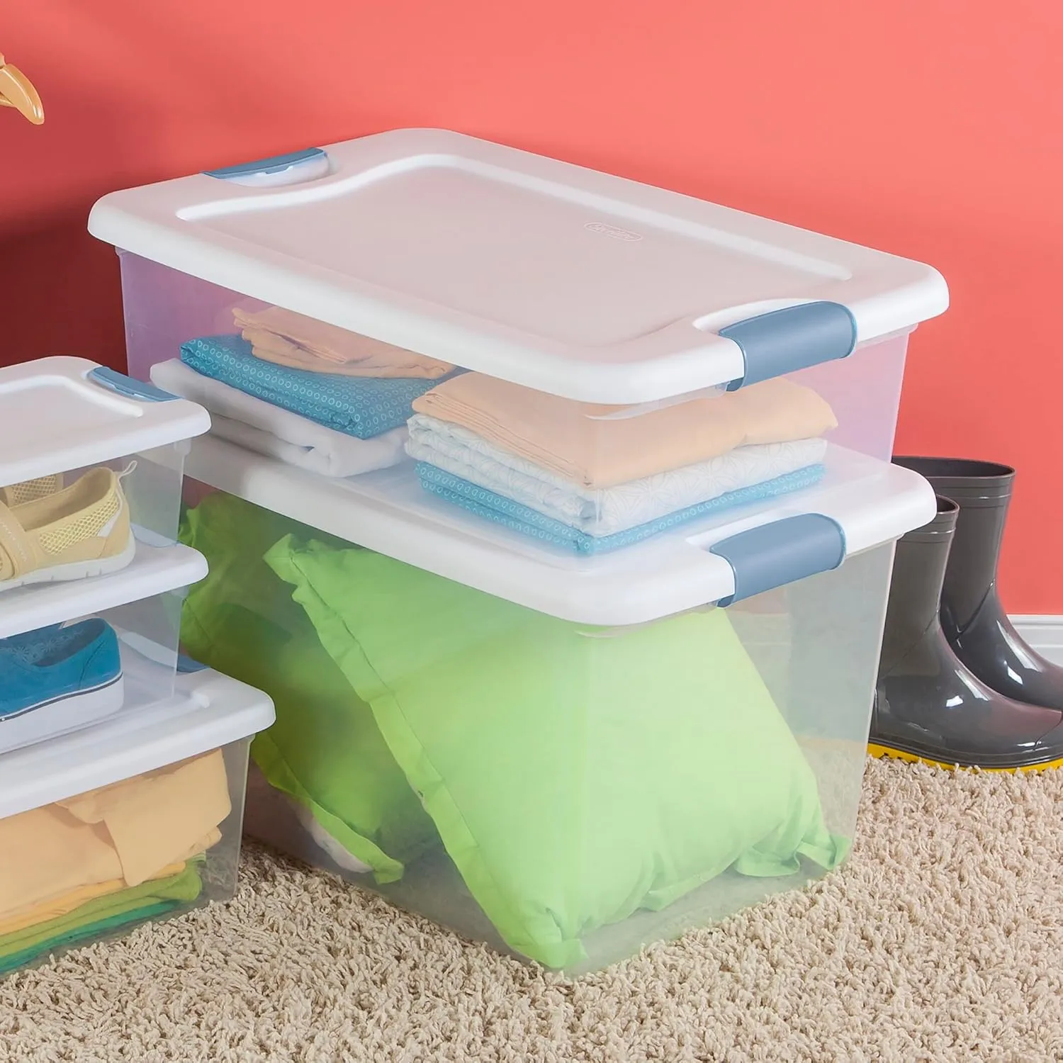 Sterilite 6-Pack Stackable Storage Bin with Lid, Clear Plastic Design, 32 Quart