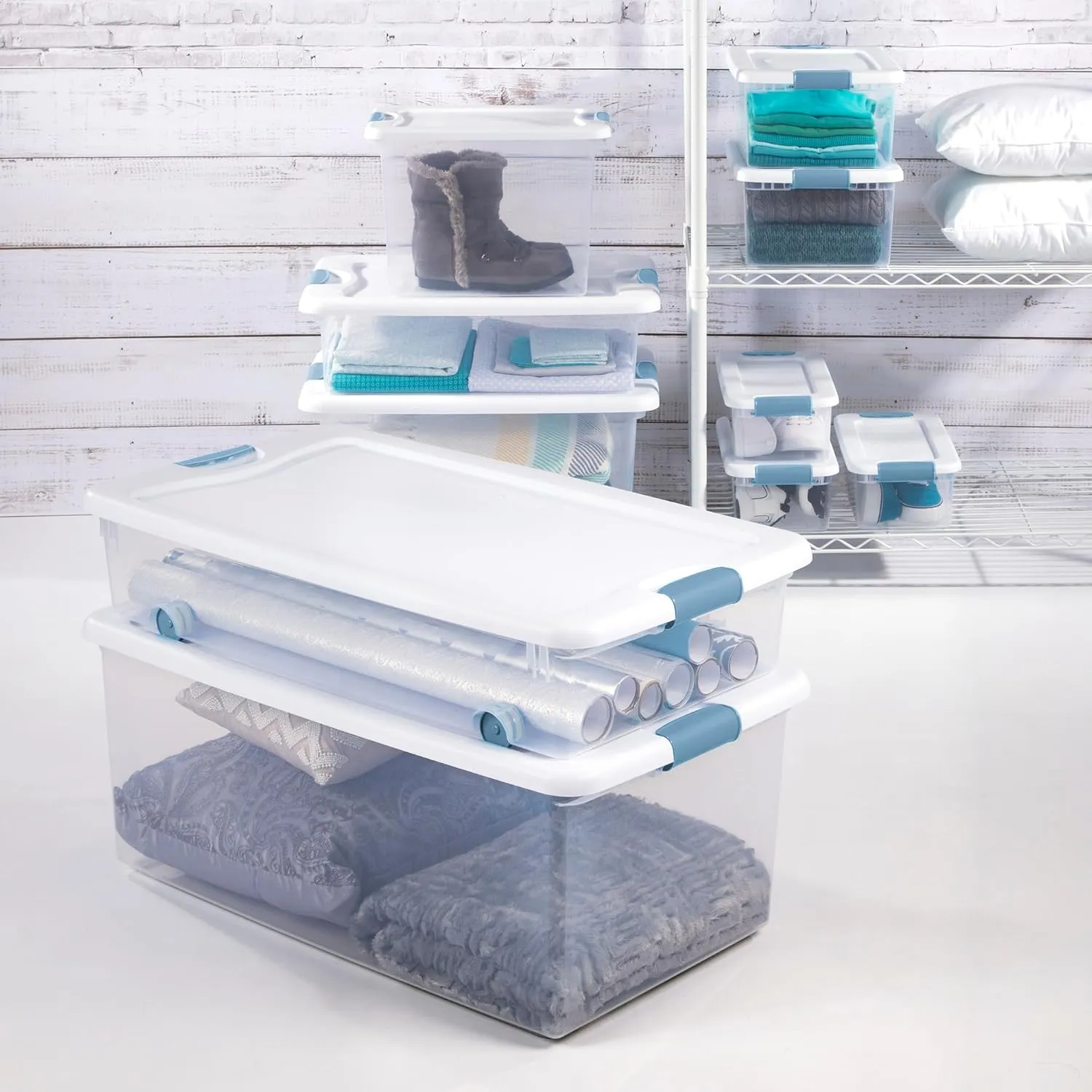 Sterilite 6-Pack Stackable Storage Bin with Lid, Clear Plastic Design, 32 Quart