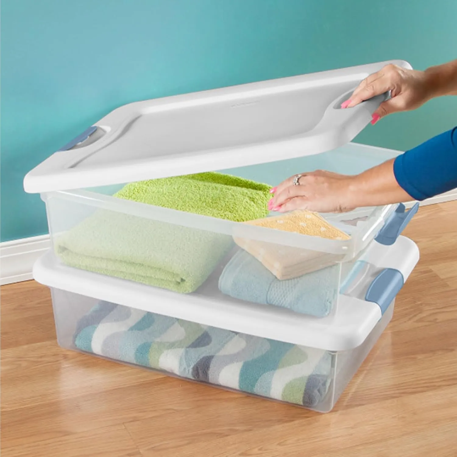 Sterilite 6-Pack Stackable Storage Bin with Lid, Clear Plastic Design, 32 Quart
