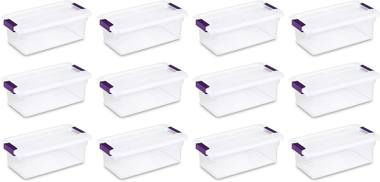 Sterilite 6 Qt ClearView Latch Storage Box, Stackable Bin with Latching Lid, Plastic Container to Organize Shoes in Closet, Clear Base, Lid, 12-Pack