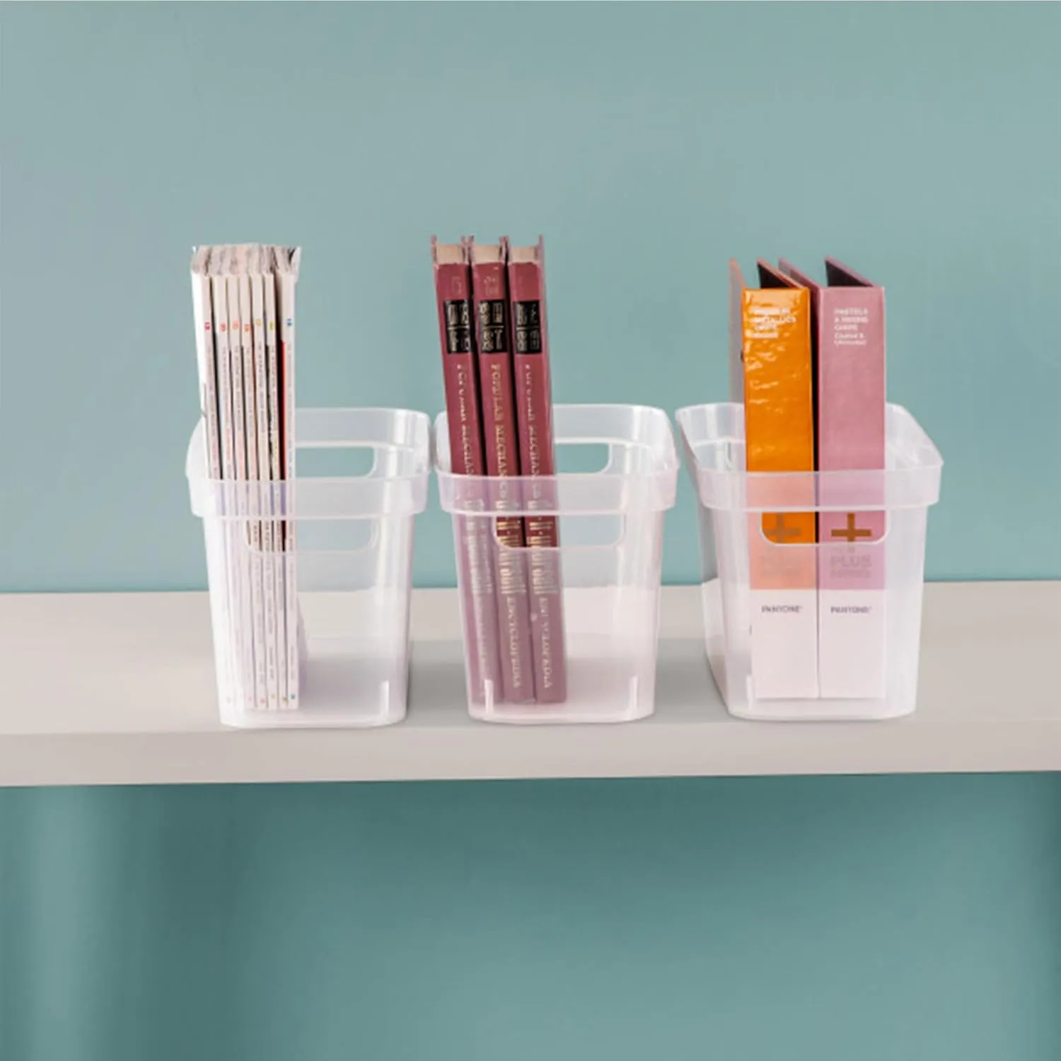 Sterilite 6.25x6.25x15 Inch Narrow Modern Storage Bin with Comfortable Carry Through Handles and Banded Rim for Household Organization, Clear (8 Pack)