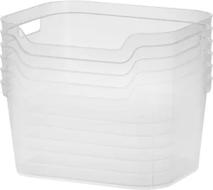Sterilite 7 x 11 x 14.25 Inch Polished Open Scoop Front Storage Bin with Comfortable Carry Through Handles for Household Organization, Clear (6 Pack)