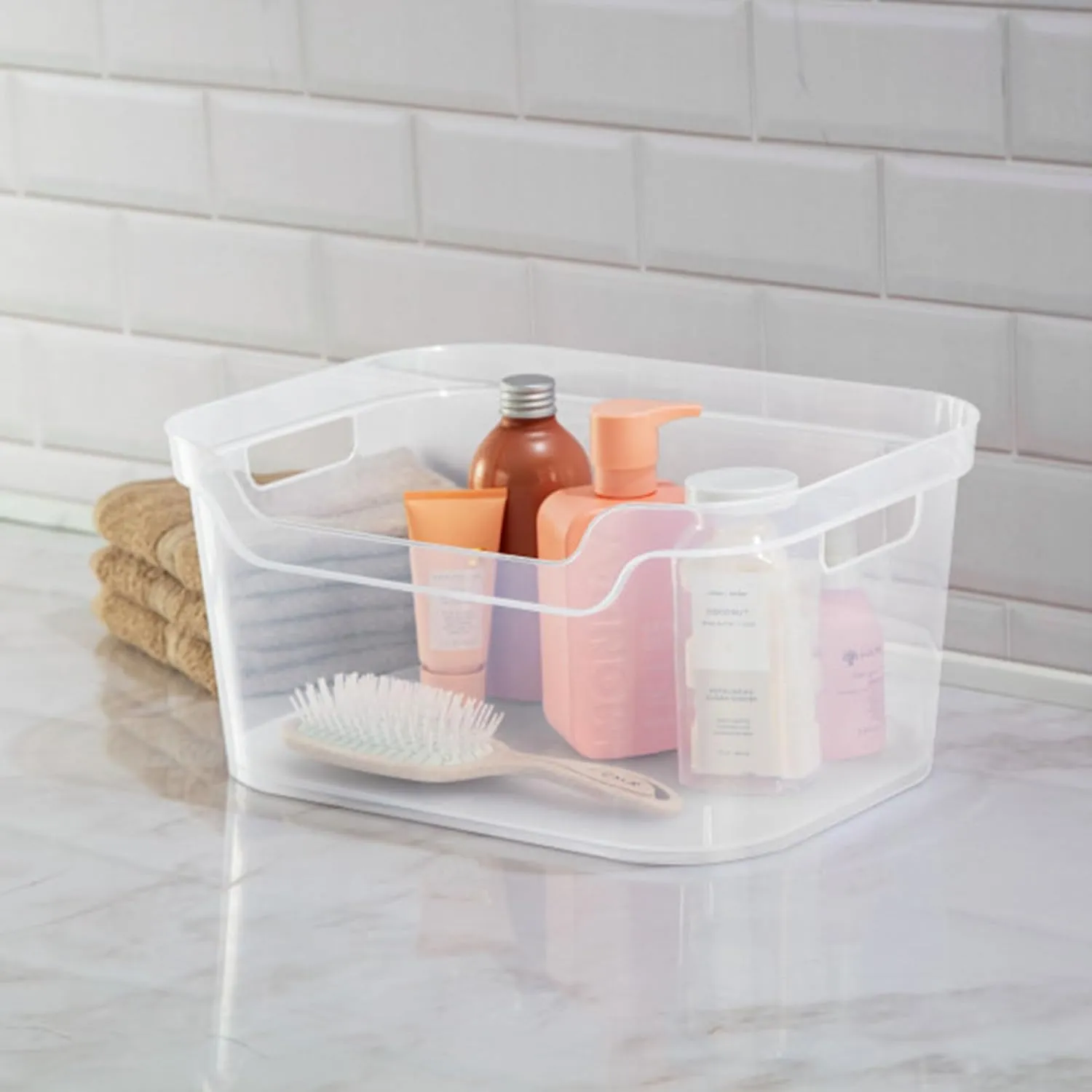 Sterilite 7 x 11 x 14.25 Inch Polished Open Scoop Front Storage Bin with Comfortable Carry Through Handles for Household Organization, Clear (6 Pack)
