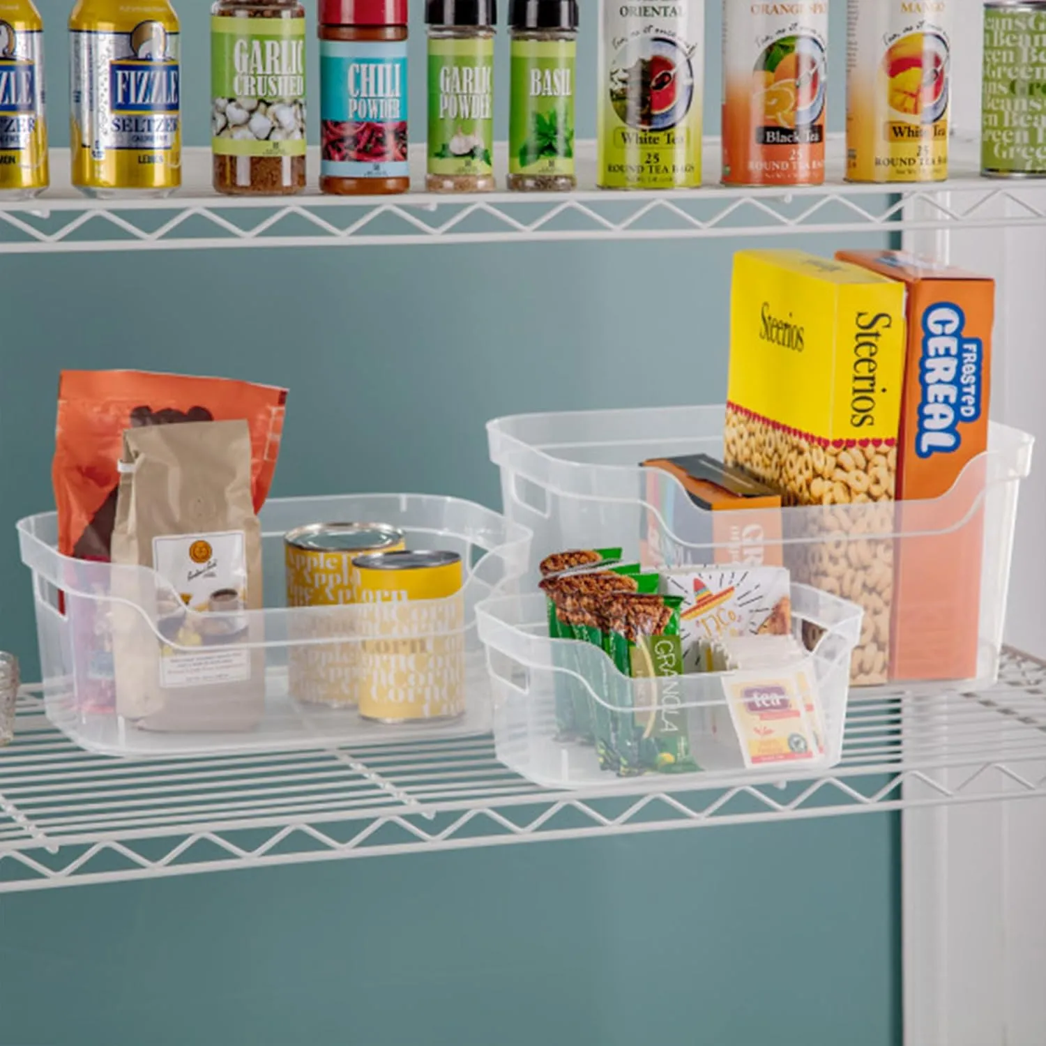 Sterilite 7 x 11 x 14.25 Inch Polished Open Scoop Front Storage Bin with Comfortable Carry Through Handles for Household Organization, Clear (6 Pack)