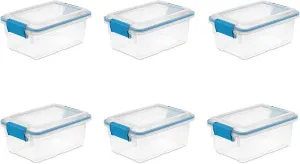 Sterilite 7.5 Qt Gasket Box, Stackable Storage Bin with Latching Lid and Tight Seal, Plastic Container to Organize Basement, Clear Base, Lid, 6-Pack
