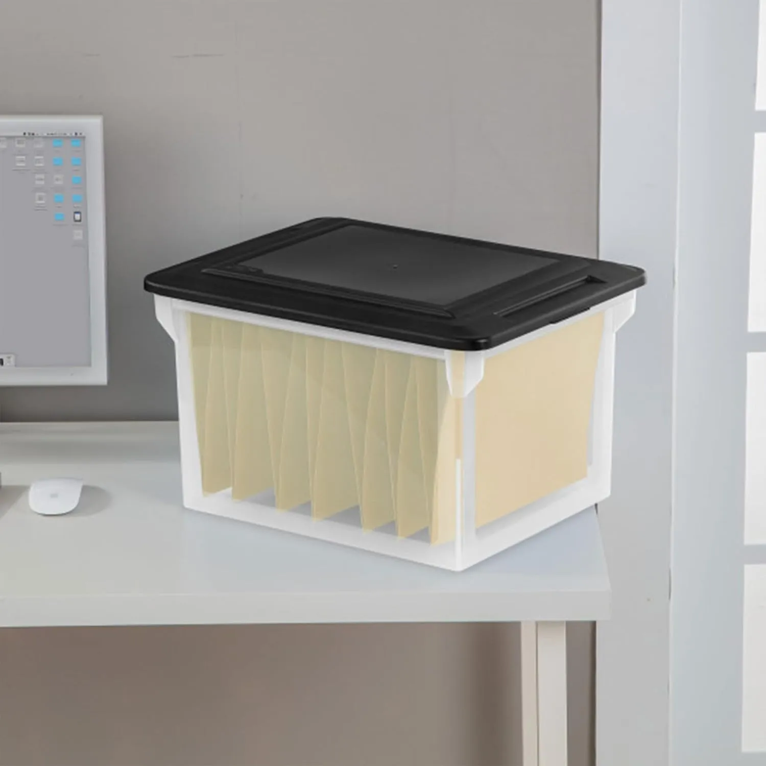 Sterilite File Box, Stackable Storage Bin with Lid, Plastic Container to Organize Taxes, Papers in the Home, Office, Clear Base with Black Lid, 4-Pack