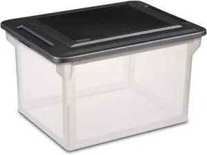 Sterilite File Box, Stackable Storage Bin with Lid, Plastic Container to Organize Taxes, Papers in the Home, Office, Clear Base with Black Lid, 4-Pack